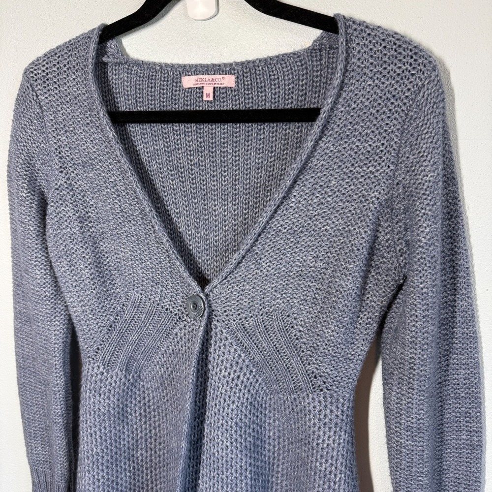 Hekla & Co Women Blue Wool Blend 1 Button Cardigan Sweater Medium Crochet - Picture 3 of 9